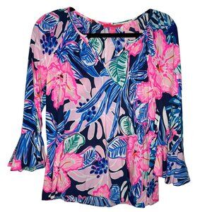 Lilly Pulitzer Willa Flounce Sleeve Blouse V Neck Floral Top Pink Blue